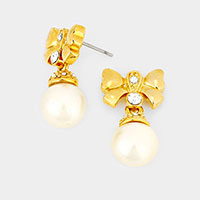 Pearl Drop Bow Stud Earrings