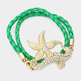 Stone Embellished Starfish Seahorse Braided Faux Leather Wrap Bracelet