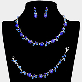 3PCS - Flower Leaf Cluster Rhinestone Necklace Jewelry Set