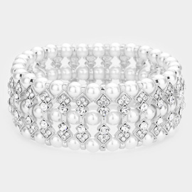 Multi Row Crystal & Pearl Stretch Bracelet