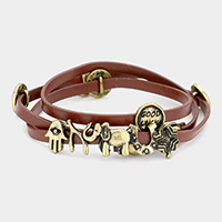 Message Disc Cluster Evil Eye Hamsa Hand & Elephant Faux Leather Wrap Bracelet