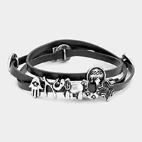 Message Disc Cluster Evil Eye Hamsa Hand & Elephant Faux Leather Wrap Bracelet