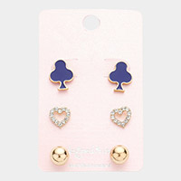 3Pairs - Clover Crystal Heart Metal Ball Stud Earrings