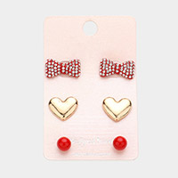 3Pairs - Crystal Pave Bow Metal Heart Stud Earrings