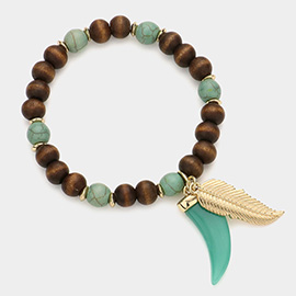 Gemstone Tusk Horn & Leaf Charm Stretch Wood Beaded Bracelet