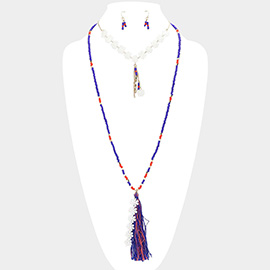 Double layer flower tassel drop beaded long necklace