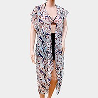 Leaf pattern short sleeve long cardigan