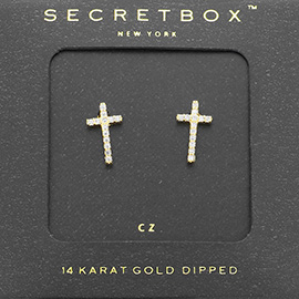 SECRET BOX_14K Gold Dipped CZ Cross Stud Earrings