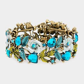 Glass Crystal Metal Flower Leaf Evening Bracelet