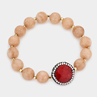 Double sided crystal trim natural stone beaded strand stretch bracelet