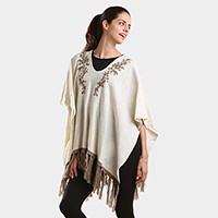 Embroidered flower vine & tassel poncho sweater