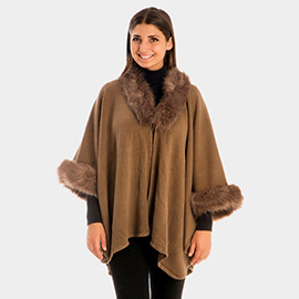 Faux Fur Trim Shawl Poncho