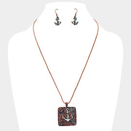 Antique Square Metal Anchor Pendant Necklace