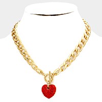 Rhinestone Pave Heart Pendant Toggle Necklace