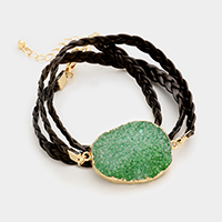 Raw druzy slice & twisted faux leather wrap bracelet