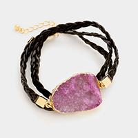 Raw druzy slice & twisted faux leather wrap bracelet