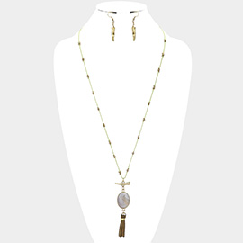 Oval Stone with Faux Leather Tassel Long Necklace