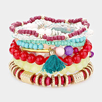 8PCS - Tassel Charm Multi Beaded Stretch Bracelets