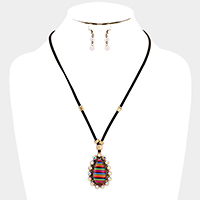 Faux Leather Cord Serape Rhinestone Teardrop Necklace