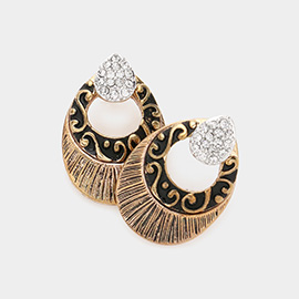 Embossed Metal Rhinestone Teardrop Earrings