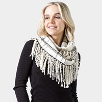 2-Tone Plaid Infinity Scarf W/Fringe