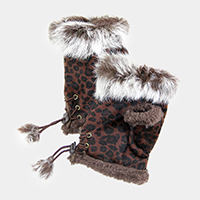 Leopard Fingerless Fur Trim Gloves