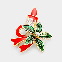 Enamel Christmas Candle Bow Pin Brooch