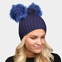 Solid Double Faux Fur Pom Pom Beanie