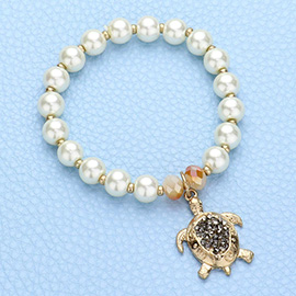 Faux Pearl Stone Cluster Turtle Charm Stretch Bracelet