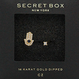 SECRET BOX_14K Gold Dipped CZ Hamsa Hand Evil Eye Ring