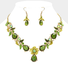 Colored Metal Flower Leaf Teardrop Stone Bib Necklace