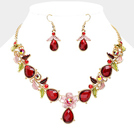 Colored Metal Flower Leaf Teardrop Stone Bib Necklace