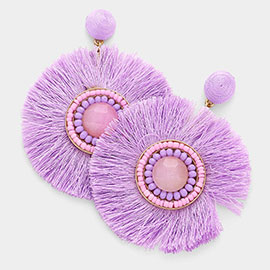 Stone Detail Thread Fringe Round Disc Earrings