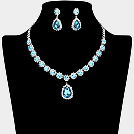 Floral Rhinestone Pave Glass Teardrop Dangle Necklace