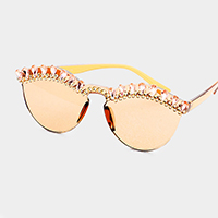 Crystal Embellished Trim Rimless Cat Eyes Sunglass