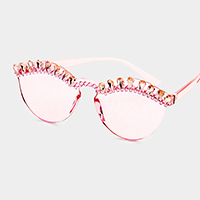 Crystal Embellished Trim Rimless Cat Eyes Sunglass