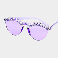 Crystal Embellished Trim Rimless Cat Eyes Sunglass