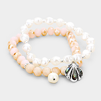 2PCS Freshwater Pearl Abalone Shell Charm Stretch Bracelet