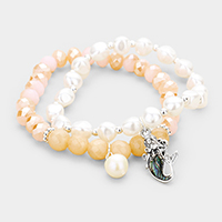 2PCS Freshwater Pearl Abalone Mermaid Charm Stretch Bracelet