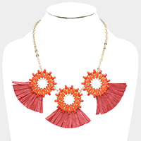 Oval Stone Cluster Hoop Raffia Fringe Statement Bib Necklace