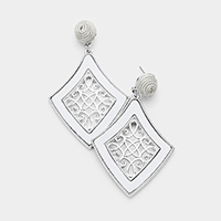 Leather Trim Filigree Metal Diamond Shaped Dangle Earrings