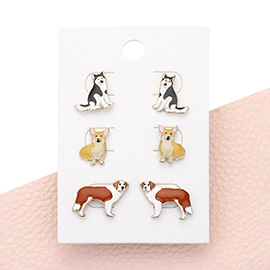 3Pairs - Enamel Dog Stud Earrings