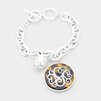 Monogram Pearl Charm Chain Link Monogram Bracelet