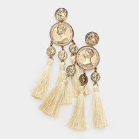 Metal Coin Triple Tassel Dangle Earrings