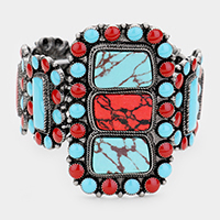 Tribal Red Coral turqoiuse Enamel Cluster Stretch Bracelet