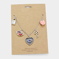 Evil Eye Heart Rose Lips Key Lock Charm Necklace