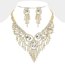 Teardrop Stone Accented Fringe Evening Necklace