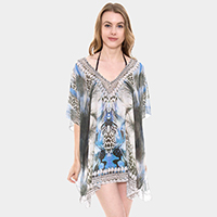 Mixed Print Rhinestone Studded Topper Cover Up Poncho