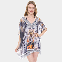 Mixed Print Rhinestone Studded Topper Cover Up Poncho