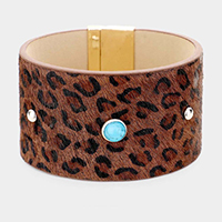 Leopard Leather Turquoise Round Magnetic Bracelet